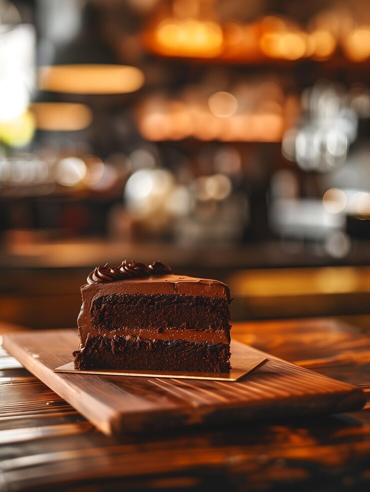 una rebanada de pastel se sienta en un plato con un pedazo de pastel de chocolate en él
