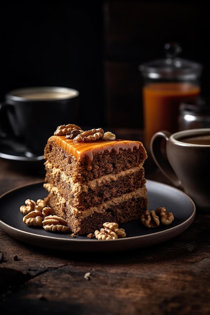 Una rebanada de pastel con una taza de café al lado.