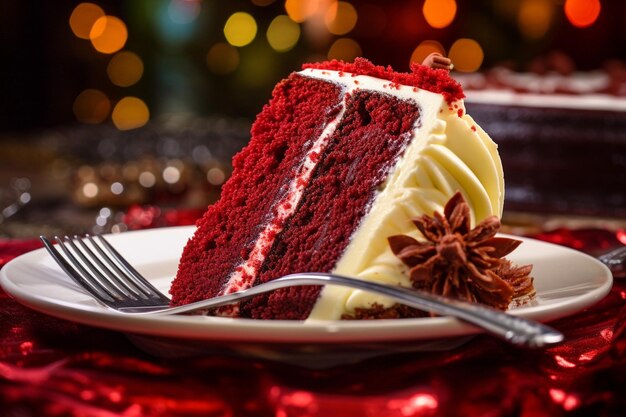 Foto una rebanada de pastel de terciopelo rojo con un abanico de chocolate decorativo