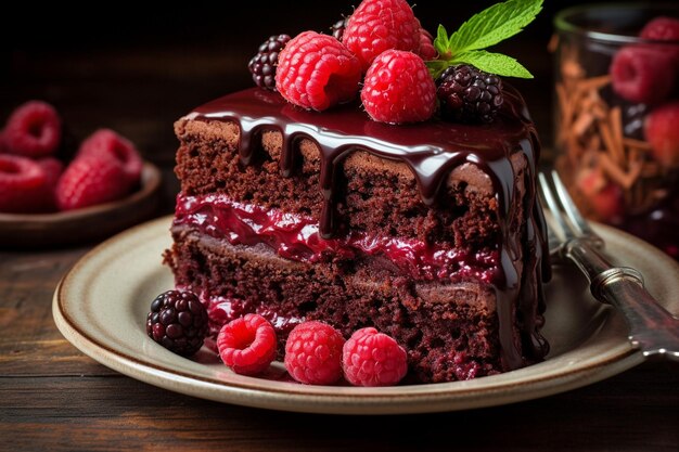 Una rebanada de pastel de terciopelo rojo con un abanico de chocolate decorativo
