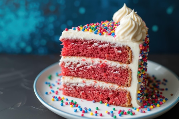 Una rebanada de pastel de terciopelo rojo con helado blanco y salpicaduras