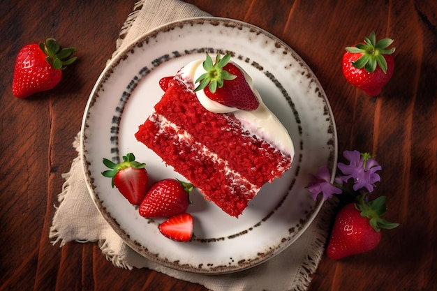 Una rebanada de pastel de terciopelo rojo húmedo y sabroso con glaseado de queso crema IA generativa