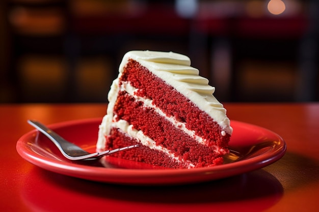 Foto una rebanada de pastel de terciopelo rojo en un plato con una cuchara blanca