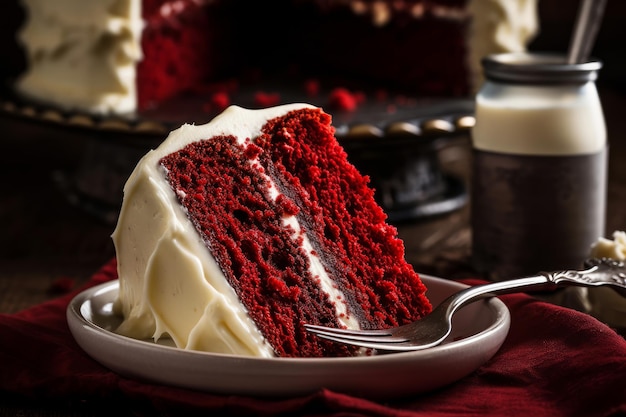 Una rebanada de pastel de terciopelo rojo en un plato con un tarro de glaseado de queso crema en el fondo.