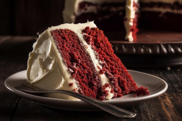 Una rebanada de pastel de terciopelo rojo en un plato