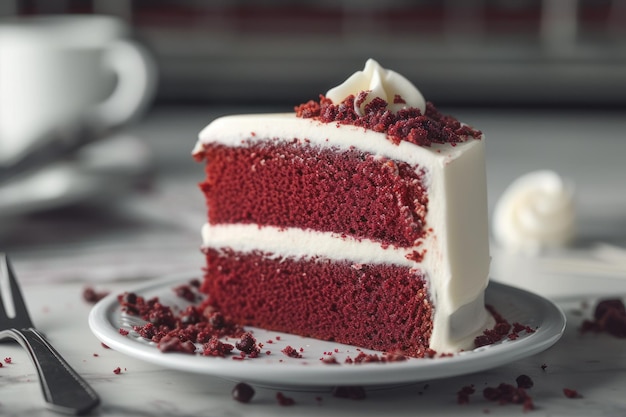 Una rebanada de pastel de terciopelo rojo en el plato