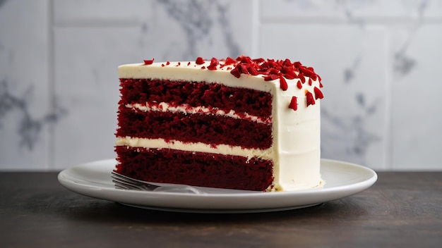 Una rebanada de pastel de terciopelo rojo con queso crema en un plato