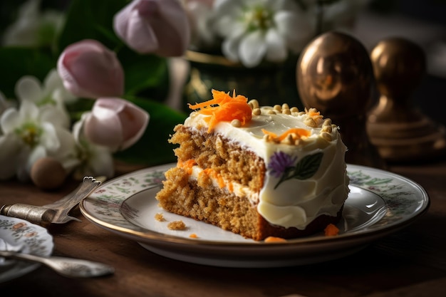 Una rebanada de pastel de zanahoria en un plato con flores en el fondo