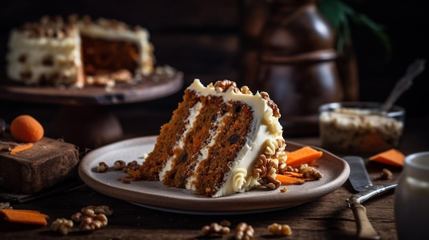 Una rebanada de pastel de zanahoria en un plato con nueces encima