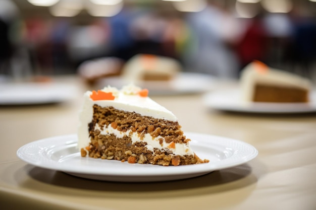 Foto una rebanada de pastel de zanahoria que se comparte en una reunión de la sala de fraternidad de la iglesia