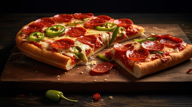 Una rebanada de pizza clásica de pepperoni con chile verde