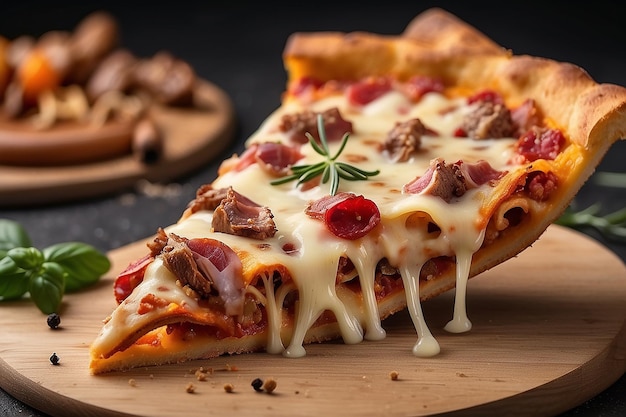 una rebanada de pizza crujiente con carne y queso