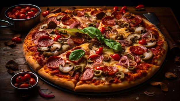 Una rebanada de pizza cubierta con tocino, champiñones y tomates.
