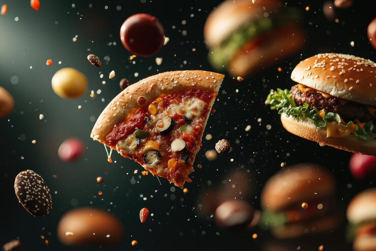 Una rebanada de pizza está volando por el aire por encima de una hamburguesa y un perrito caliente