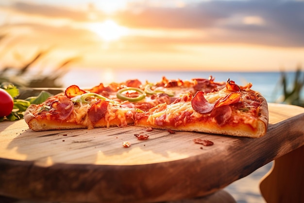 Una rebanada de pizza hawaiana que se aleja mostrando el queso derretido fibroso