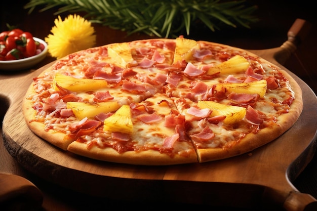 Una rebanada de pizza hawaiana que se aleja mostrando el queso derretido fibroso