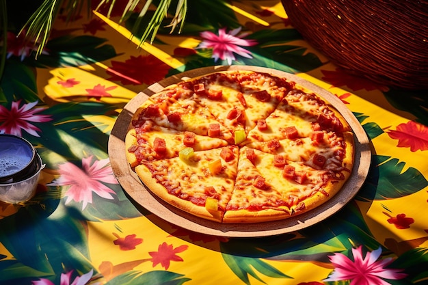 Una rebanada de pizza hawaiana que se aleja mostrando el queso derretido fibroso