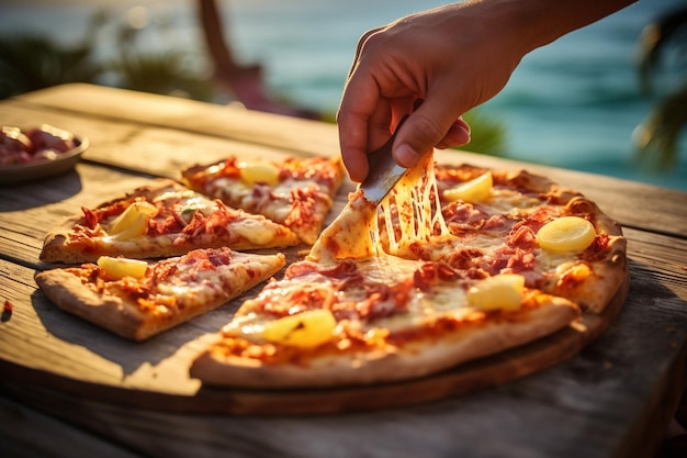 Una rebanada de pizza hawaiana que se aleja mostrando el queso derretido fibroso