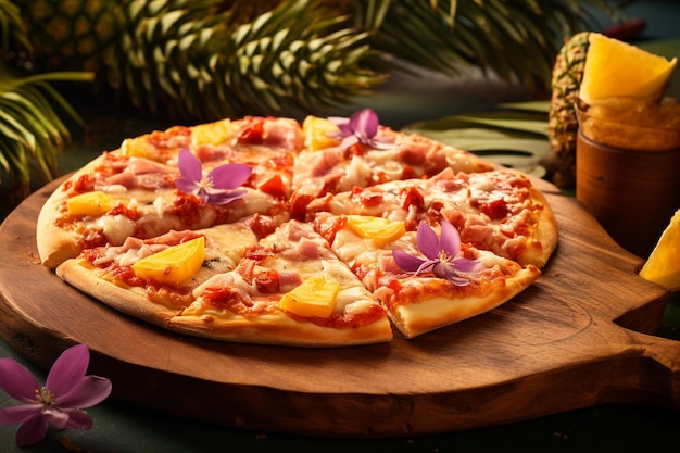 Una rebanada de pizza hawaiana que se aleja mostrando el queso derretido fibroso