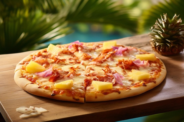 Una rebanada de pizza hawaiana que se aleja mostrando el queso derretido fibroso