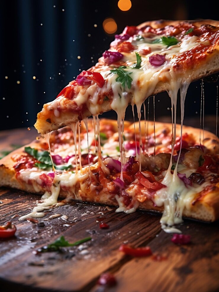 una rebanada de pizza humeante rociada con queso y aderezos coloridos