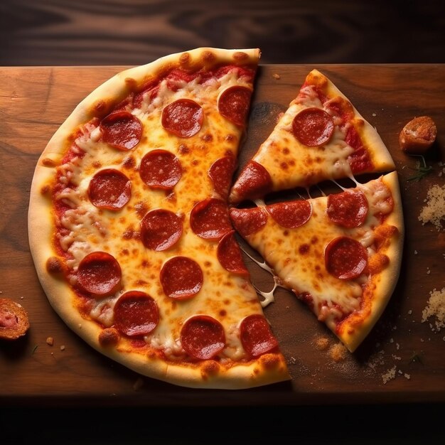 Una rebanada de pizza de pepperoni se sienta en una mesa de madera.