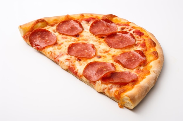 Una rebanada de pizza de pepperoni sobre un fondo blanco