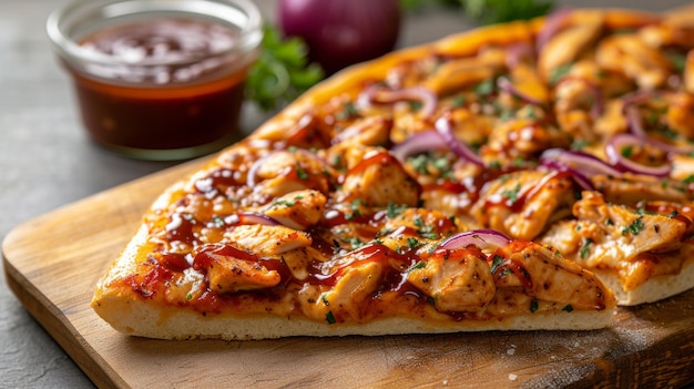 Una rebanada de pizza de pollo a la parrilla adornada con pollo tierno