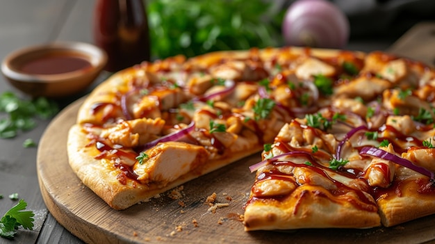 Una rebanada de pizza de pollo a la parrilla adornada con salsa de pollo de barbacoa tierna y cebollas rojas