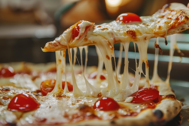 Una rebanada de pizza con queso derretido y aceitunas.