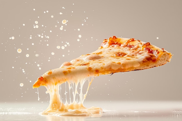 Una rebanada de pizza sabrosa está volando en un fondo blanco