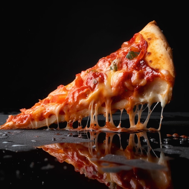 Una rebanada de pizza con salsa de tomate y albahaca.