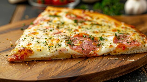 Una rebanada de pizza en una tabla de cortar de madera