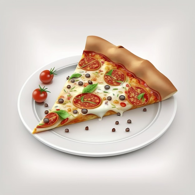Una rebanada de pizza con tomates, aceitunas y albahaca en un plato.