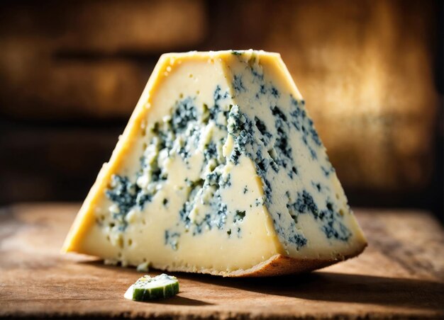 Rebanada de queso azul o Roquefort sobre una tabla para cortar