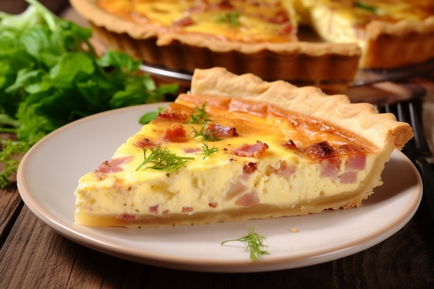 Una rebanada de quiche en un plato con un fondo verde.