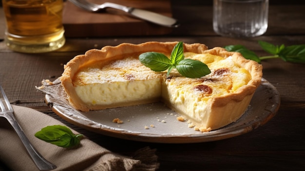 Una rebanada de quiche con una rebanada sacada