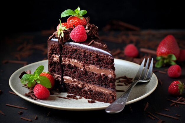 Una rebanada de sabroso pastel de chocolate con fresa en la parte superior