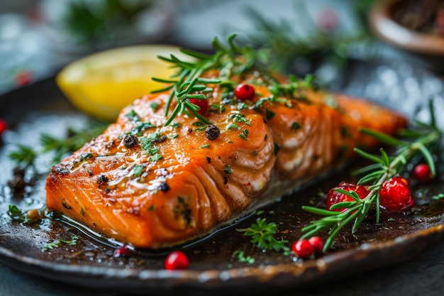 Rebanada de salmón fresco con especias picantes y limón