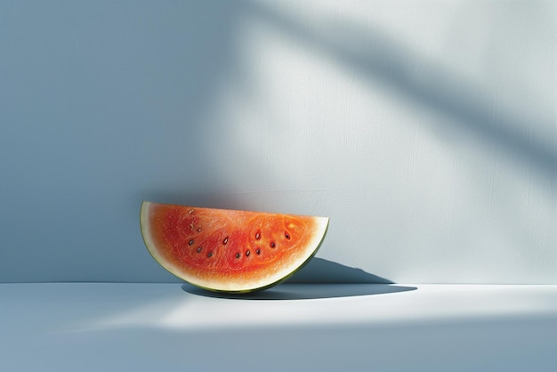 Una rebanada de sandía está en una mesa frente a una pared blanca