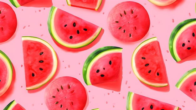 Una rebanada de sandía sobre un fondo rosa