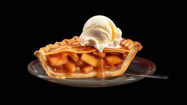 Una rebanada de tarta de manzana clásica con corteza reticulada y una bola de helado de vainilla