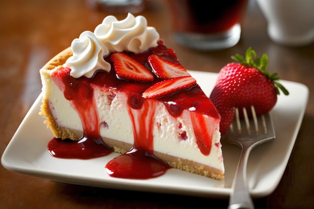 Foto rebanada de tarta de queso con fresas en la mesa de madera