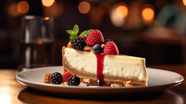 Rebanada de tarta de queso de Nueva York con salsa de frutos rojos decorada con hojas de menta en un pl IA generativa