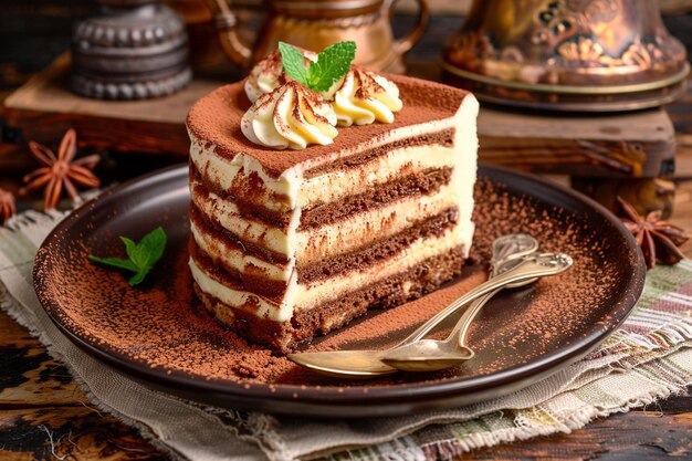 Una rebanada de tiramisu en un buffet de postres vintage