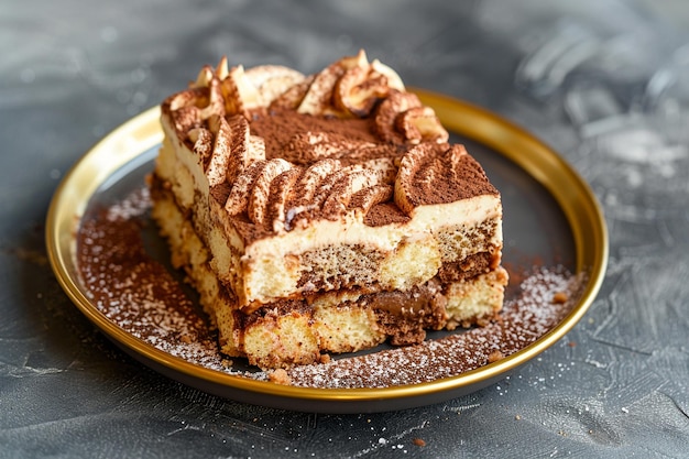 Una rebanada de tiramisu en un plato de postre con borde dorado