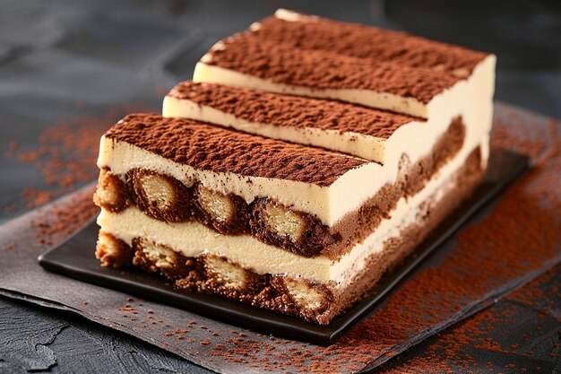 Una rebanada de tiramisu con un polvo de cacao