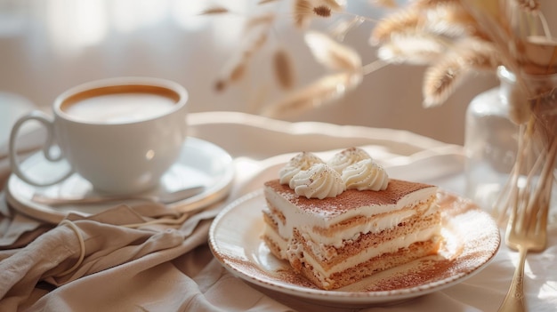 Una rebanada de tiramisu y una taza de capuchino.