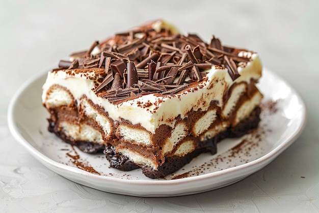 Una rebanada de tiramisu con virutas de chocolate en la parte superior