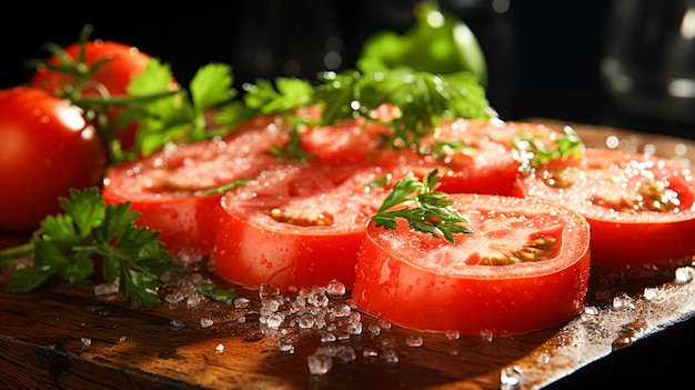 Rebanada de tomate fresco en la mesa de madera italiano casero saludable